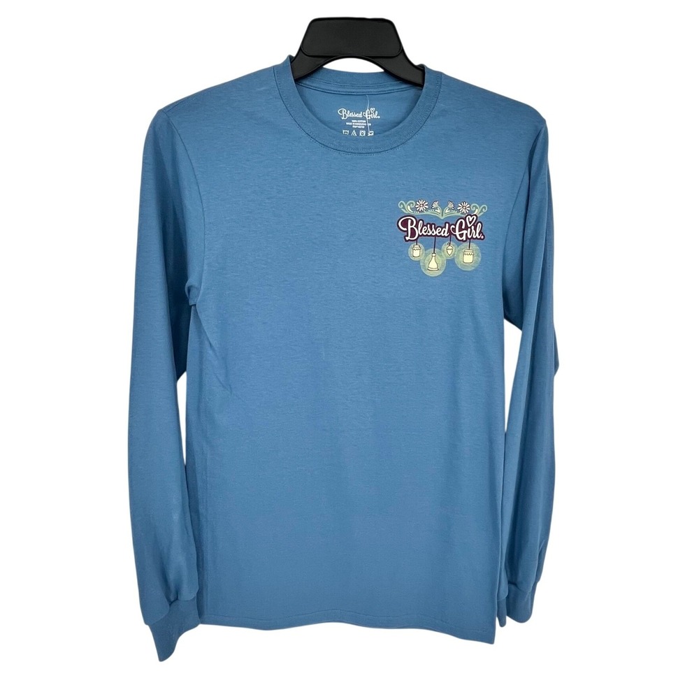 Blessed Girl Graphic Tee Women Small Blue Long Sleeve Trees‎ Forest Psalm 96:12